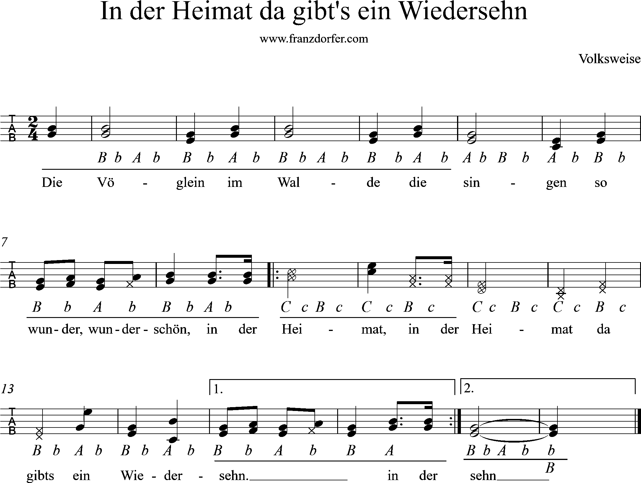 ziachnoten, Griffschrift für Steirische, In der heimat da gibts ein wiedersehn griffschrift, Die Vöglein im Walde